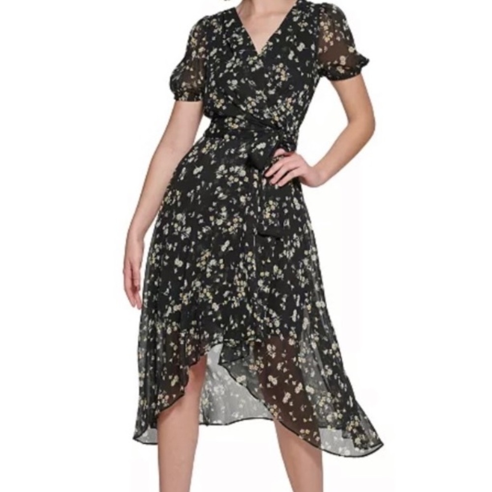 Karl Lagerfeld Paris Women's Black Dress with Floral-Print Faux-Wrap Dress 4